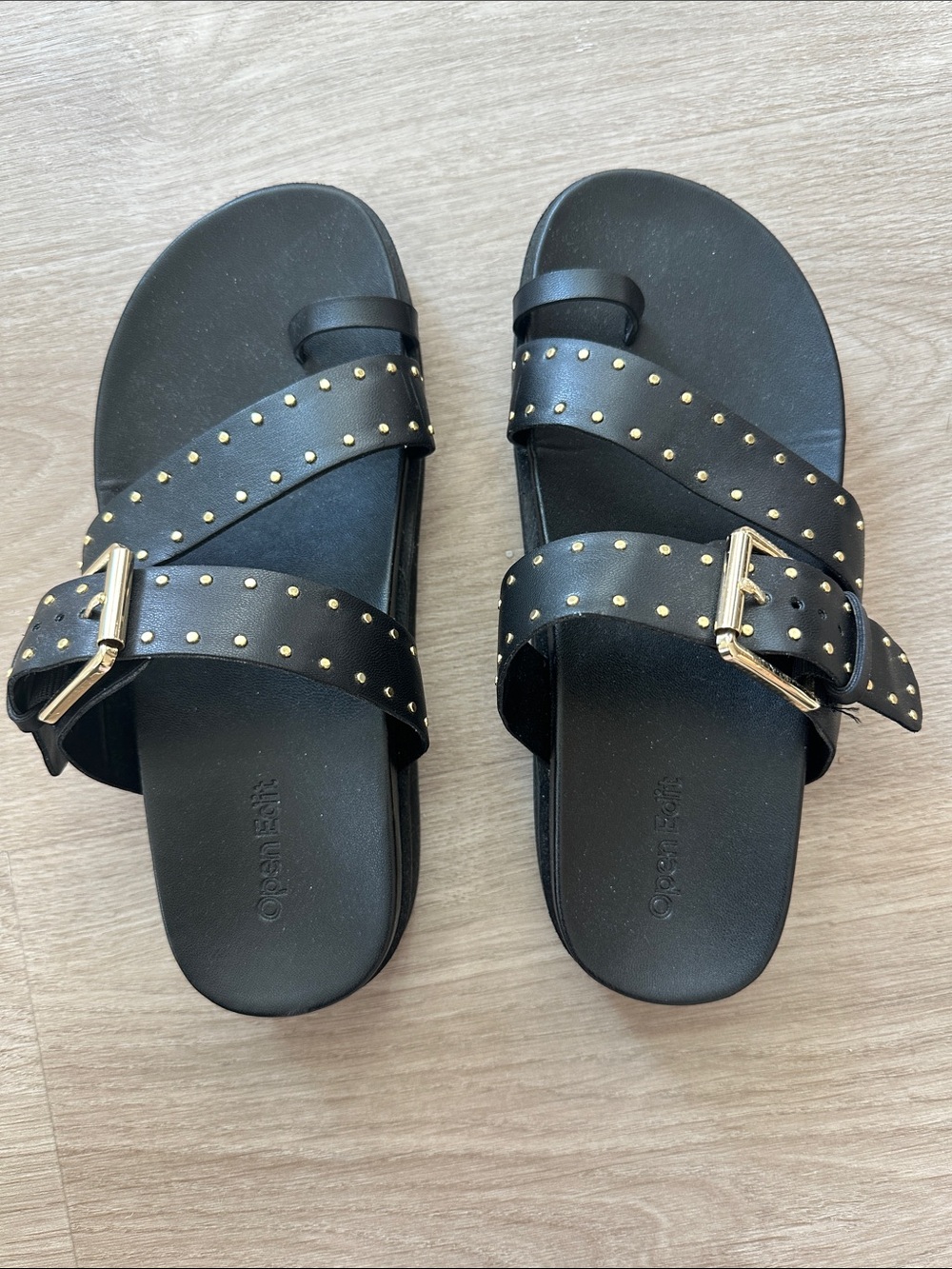 Open Edit Black Studded Buckle Slide Sandals